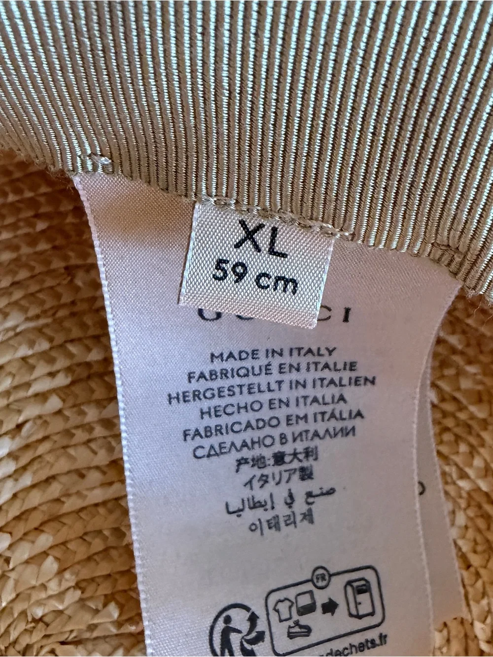NEW Gucci Wide Brim Raffia Straw GG Ribbon White Hat XL 59 cm